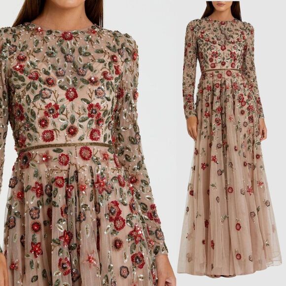 Mac Duggal 5533 Size 6 Beige Red Floral Long Sleeve Beaded Tulle Maxi Dress Gown - Picture 1 of 7